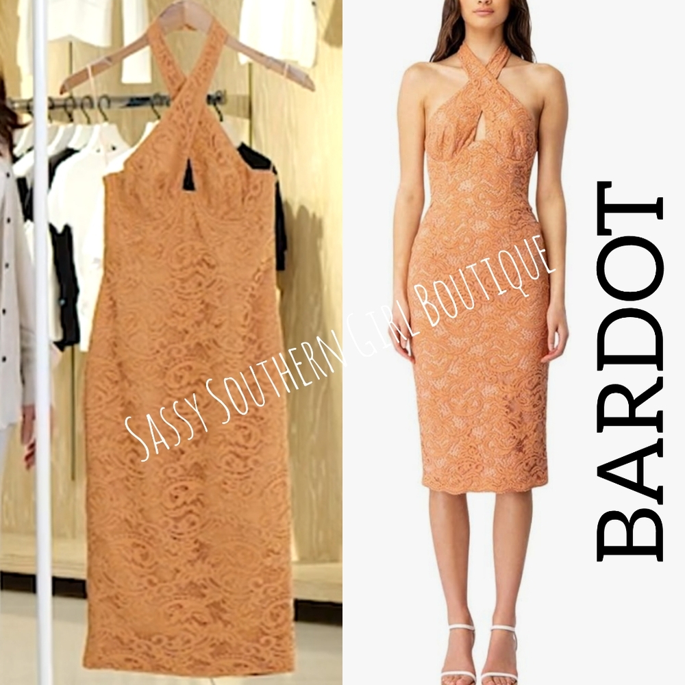🆕⭐ Gorgeous Bardot Apricot Lace Halter Midi Dress